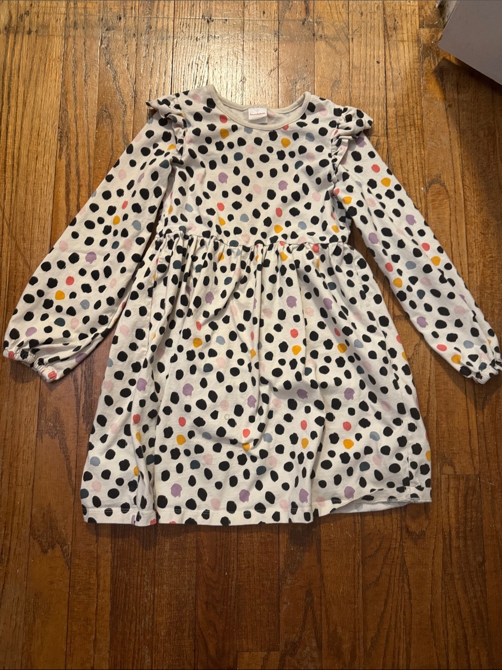Girls' Long-Sleeve White Polka Dot Dress with Colorful Spots